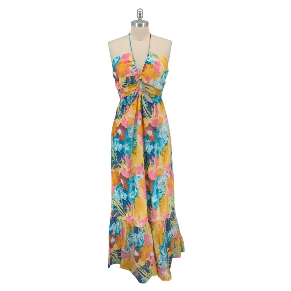 Lulu's Floral Halter Maxi Dress - Yellow, Blue, Pink